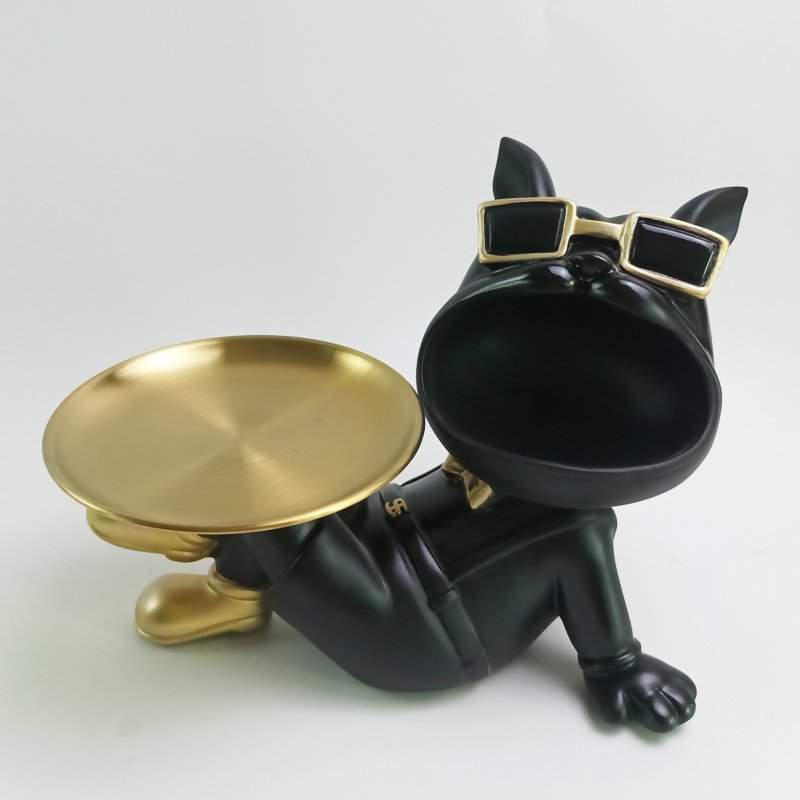 Bulldog met Dienblad Decoratie – Zwart Goud Polyresin Opbergbeeld