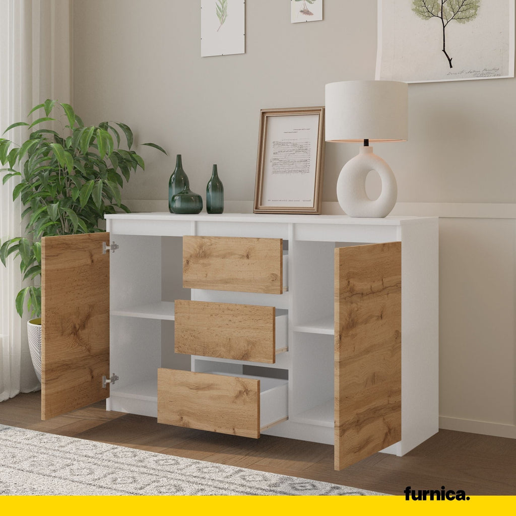 LUITZEN Dressoir 120 x 75 x 35 cm – Sideboard met 2 Deuren & 3 Laden, Mat Wit & Wotan Eiken, Opbergkast