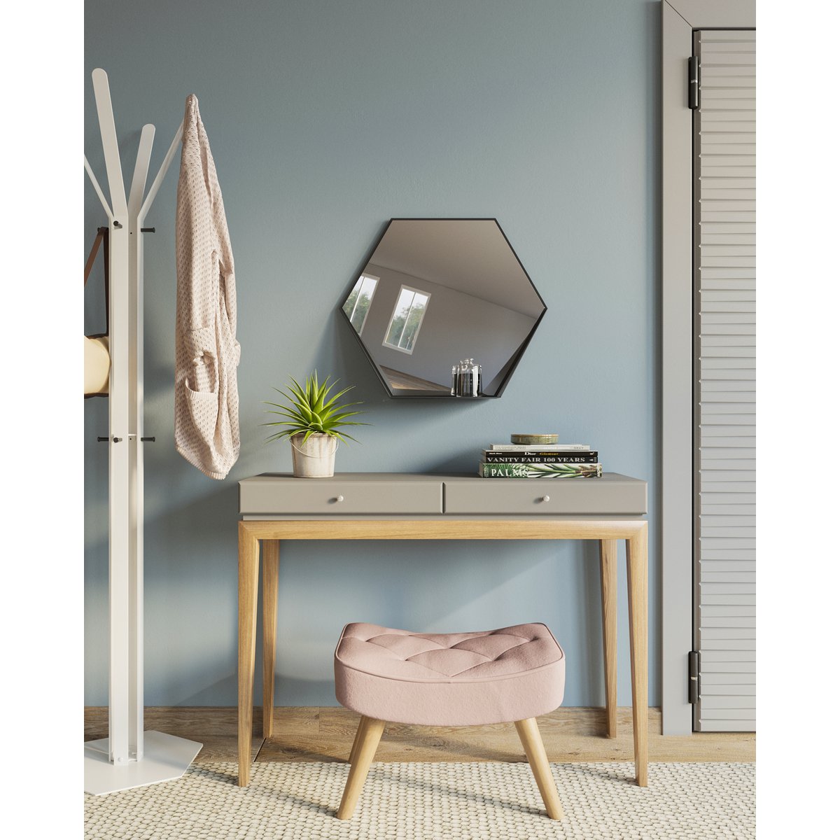 Hive Hexagon Wandspiegel – Metaal – Met Opbergplank
