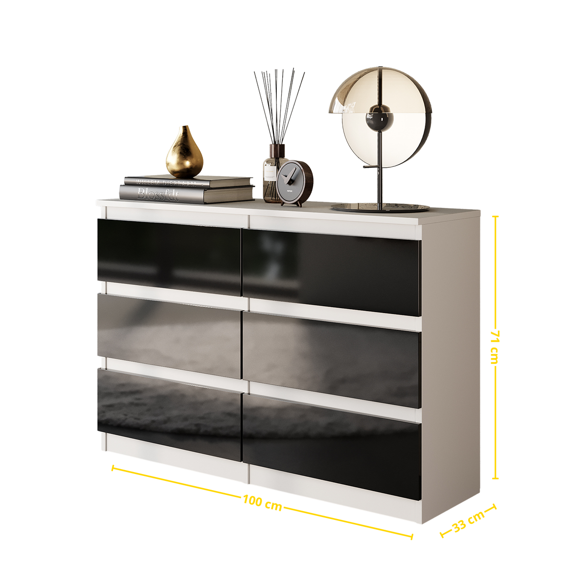 ALWIN Ladekast 100 x 71 x 33 cm – Dressoir met 6 Lades, Mat Wit & Hoogglans Zwart, MFC