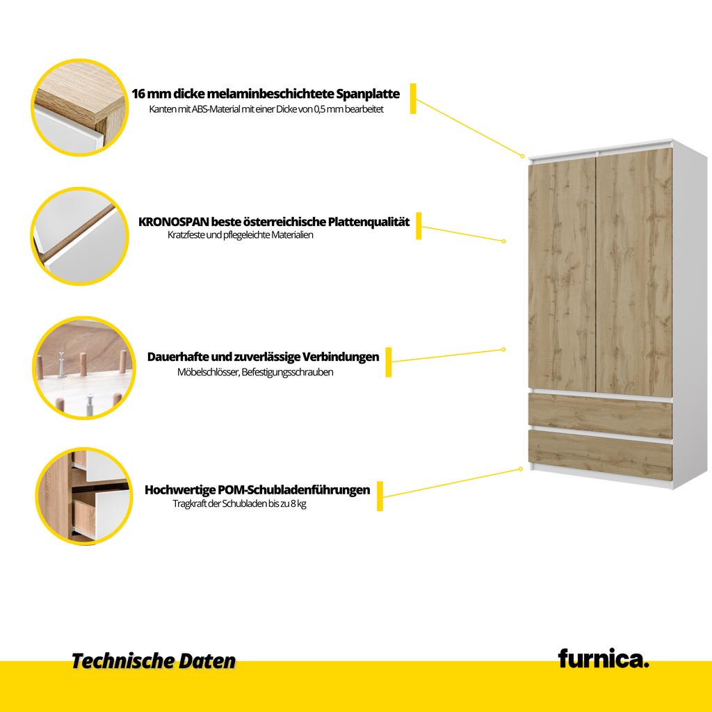 DIERK Kledingkast 90 x 180 x 50 cm – 2 Deuren & 2 Lades, Mat Wit & Wotan Eiken