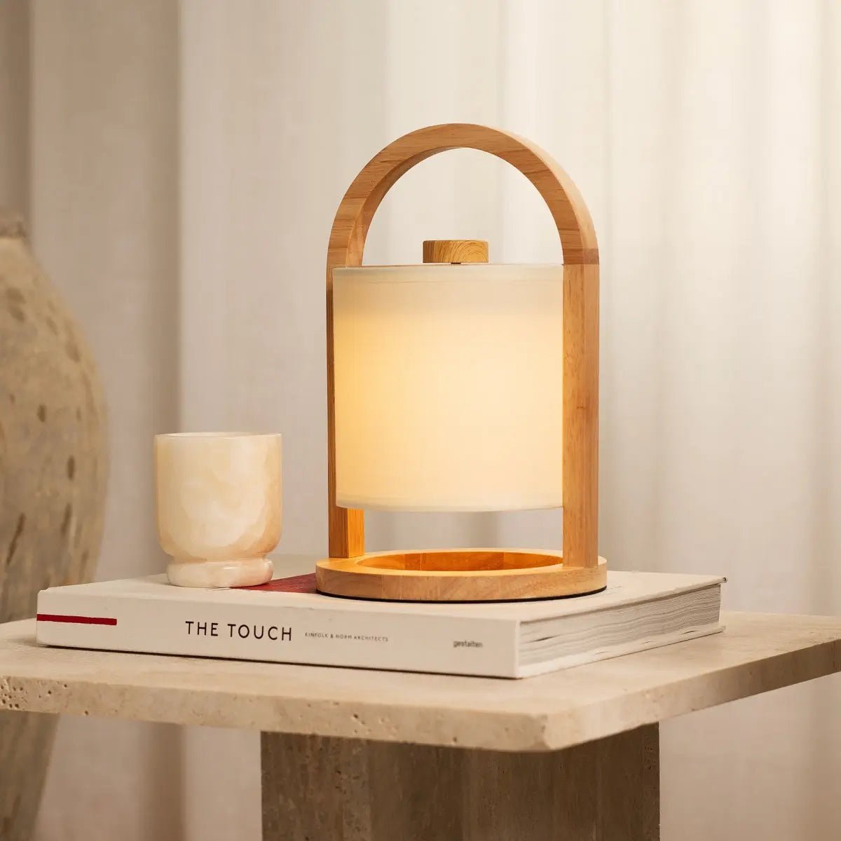 River Lichtbruin Oplaadbare Tafellamp – Rubberhout & Linnenmix – Draadloos – Dimbaar – IP44