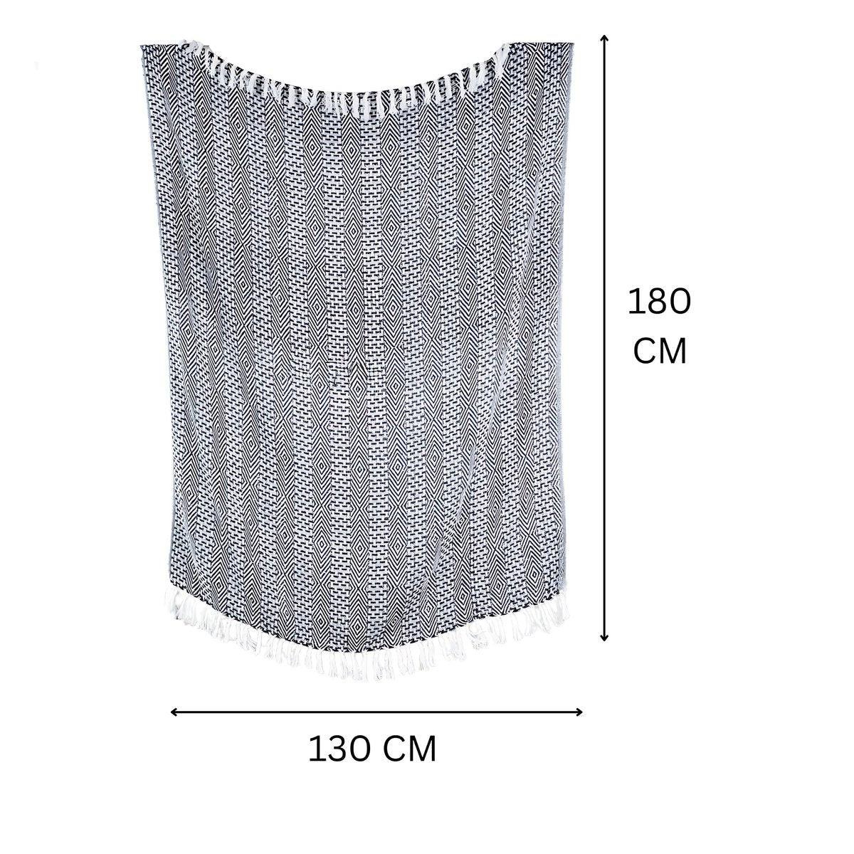 Black Plaid / Sofa Throw – Geometric Pattern with Fringes – 125x155 cm