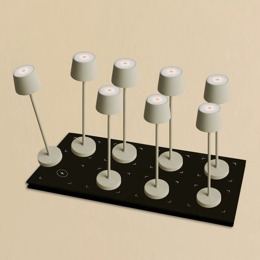 Combiset Professioneel | 8 x Vondel Mini Schaduwgrijs Oplaadbare Tafellampen & 1 x Centraal Station Oplaadstation