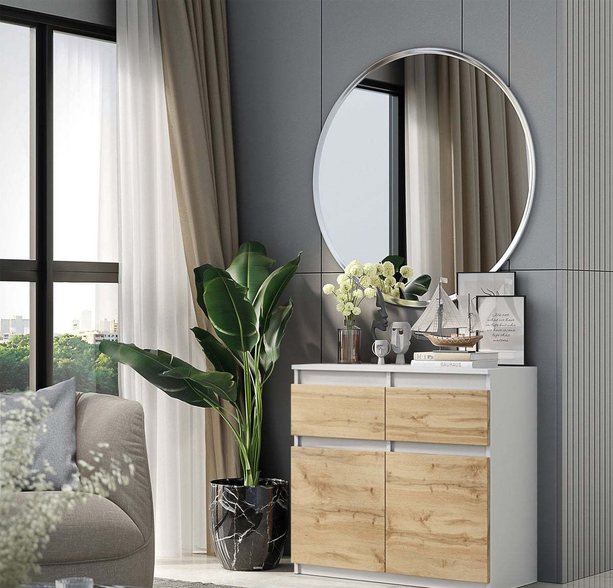 ZEGER – Kommode Dressoir met 2 Laden & 2 Deuren – Mat Wit / Wotan Eikenhoutlook – H75 x B80 x D35 cm