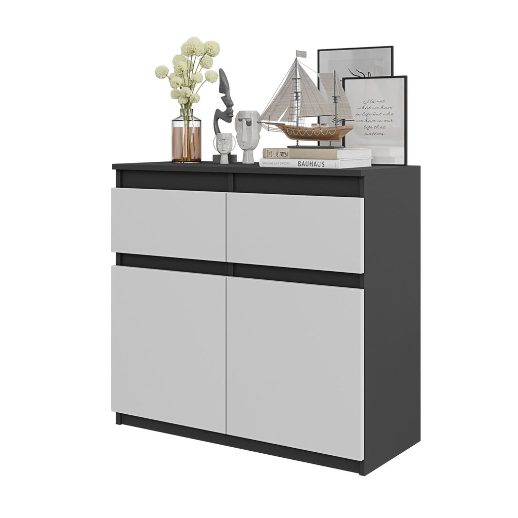 KAREL Dressoir 80 x 75 x 35 cm – Sideboard met 2 Deuren & 2 Laden, Antracietgrijs & Mat Wit, Opbergkast
