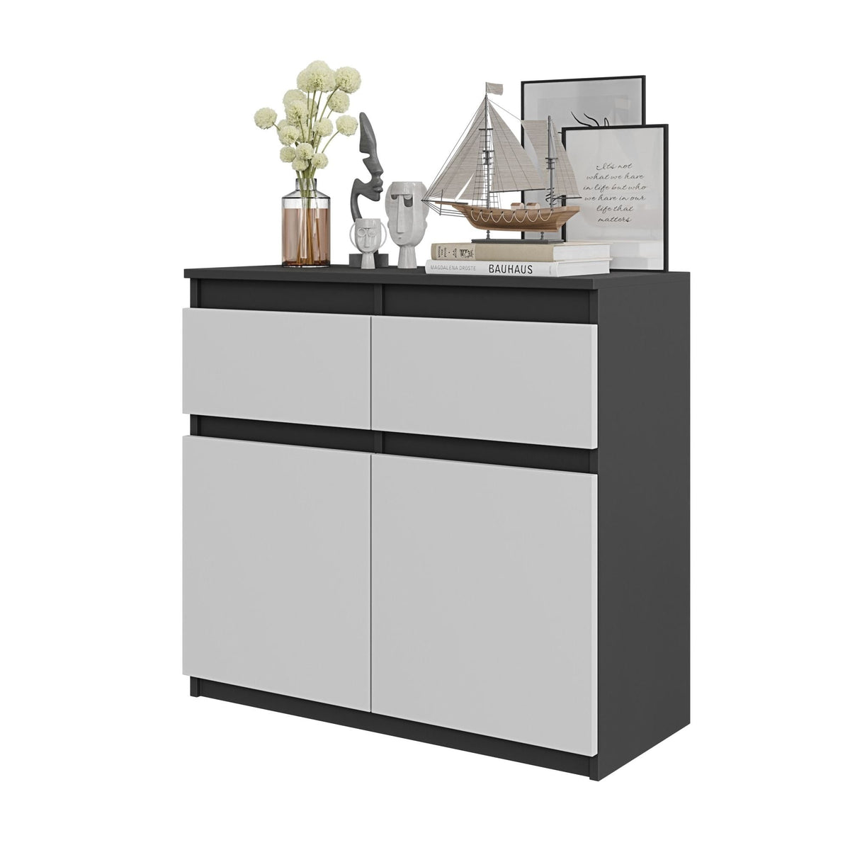 KAREL Dressoir 80 x 75 x 35 cm – Sideboard met 2 Deuren & 2 Laden, Antracietgrijs & Mat Wit, Opbergkast
