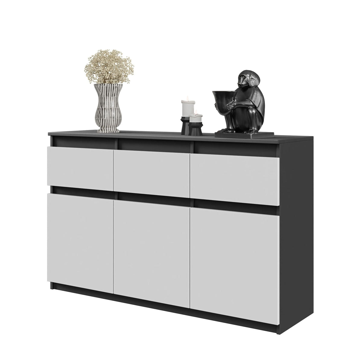 KAREL Dressoir 120 x 75 x 35 cm – Sideboard met 3 Deuren & 3 Laden, Antracietgrijs & Mat Wit, Opbergkast