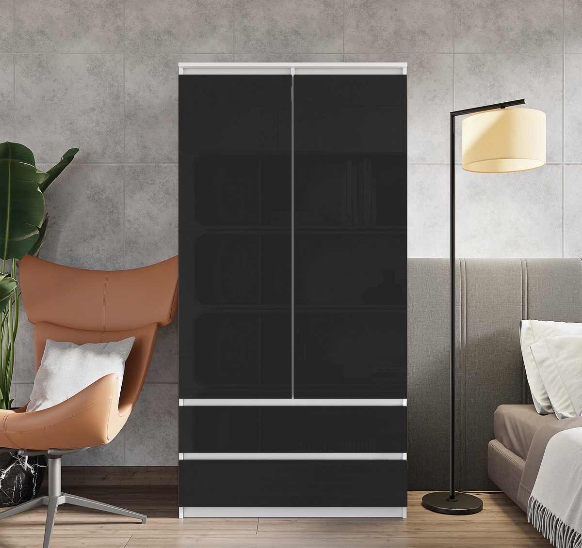 REINIER Kledingkast 90 x 180 x 50 cm – 2 Deuren & 2 Lades, Mat Wit & Hoogglans Zwart