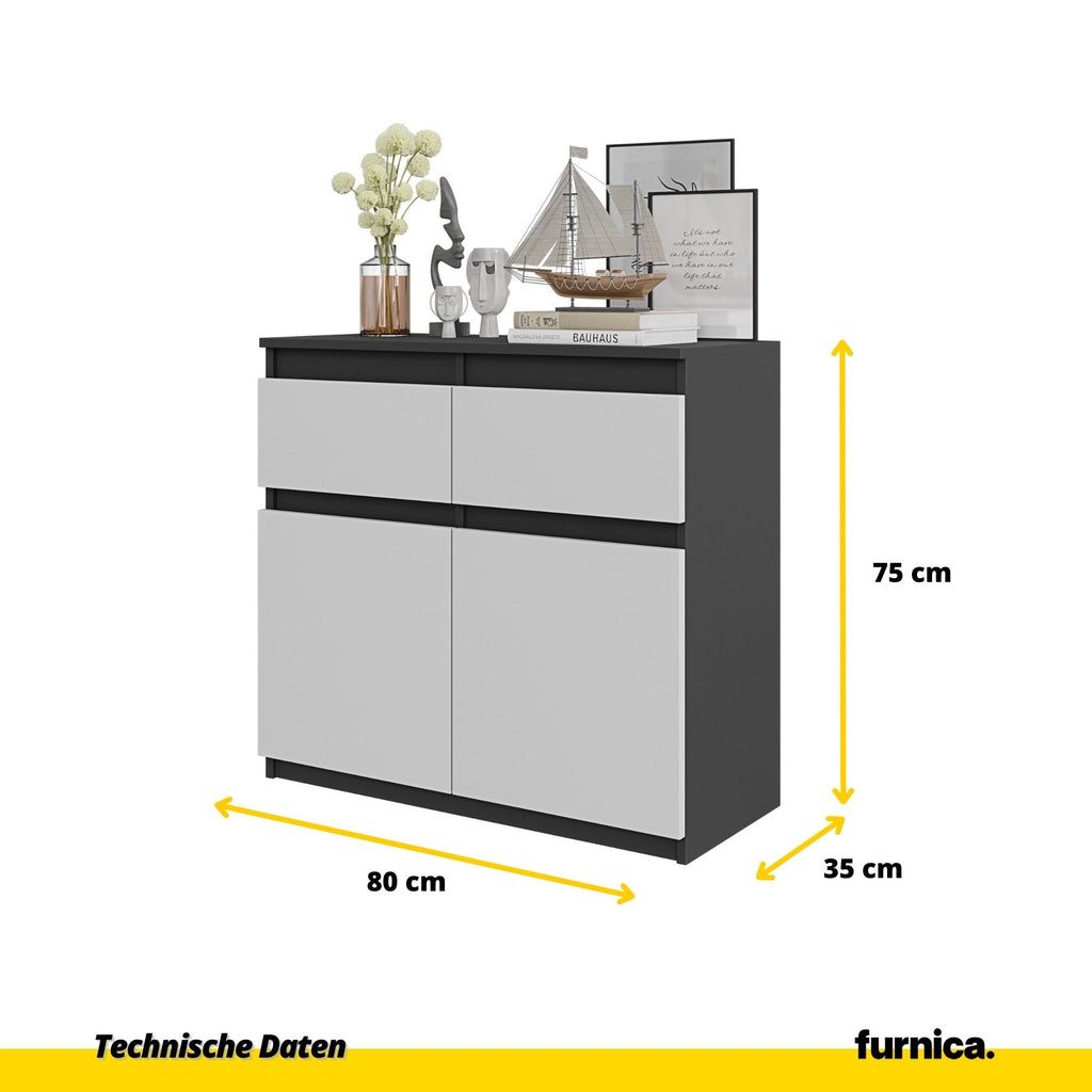KAREL Dressoir 80 x 75 x 35 cm – Sideboard met 2 Deuren & 2 Laden, Antracietgrijs & Mat Wit, Opbergkast