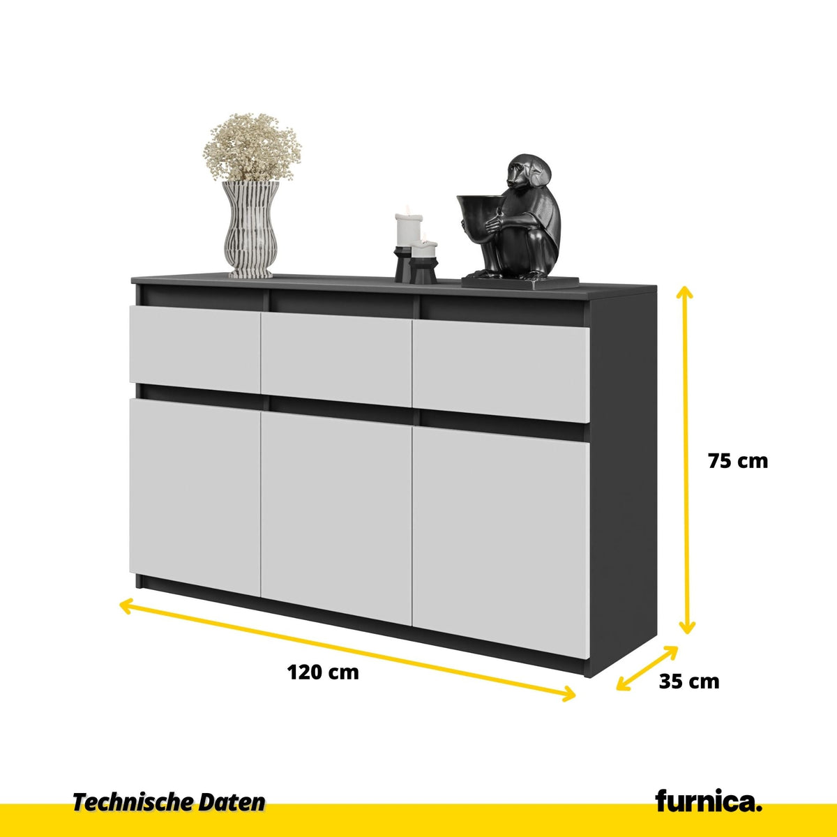 KAREL Dressoir 120 x 75 x 35 cm – Sideboard met 3 Deuren & 3 Laden, Antracietgrijs & Mat Wit, Opbergkast