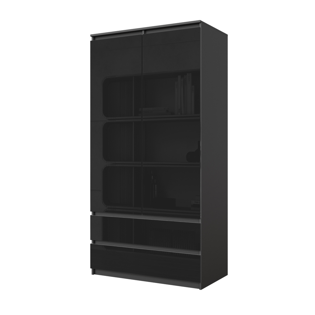 RIEN Kledingkast 90 x 180 x 50 cm – 2 Deuren & 2 Lades, Antracietgrijs & Hoogglans Zwart