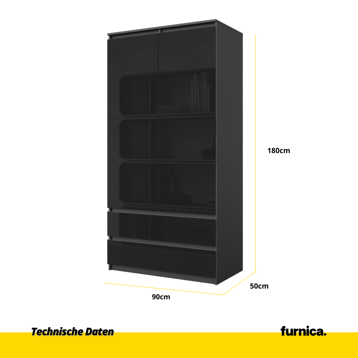 RIEN Kledingkast 90 x 180 x 50 cm – 2 Deuren & 2 Lades, Antracietgrijs & Hoogglans Zwart