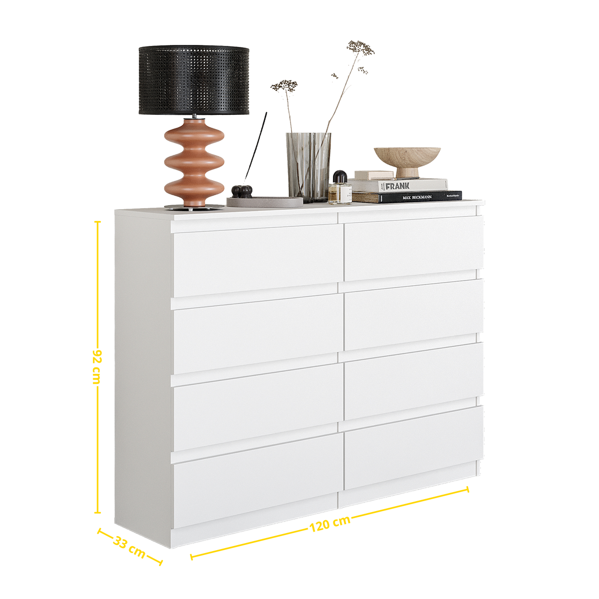 AART Ladekast 120 x 92 x 33 cm – Dressoir met 8 Lades, Mat Wit, MFC Opbergkast