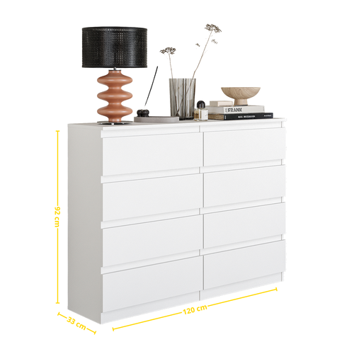 AART Ladekast 120 x 92 x 33 cm – Dressoir met 8 Lades, Mat Wit, MFC Opbergkast
