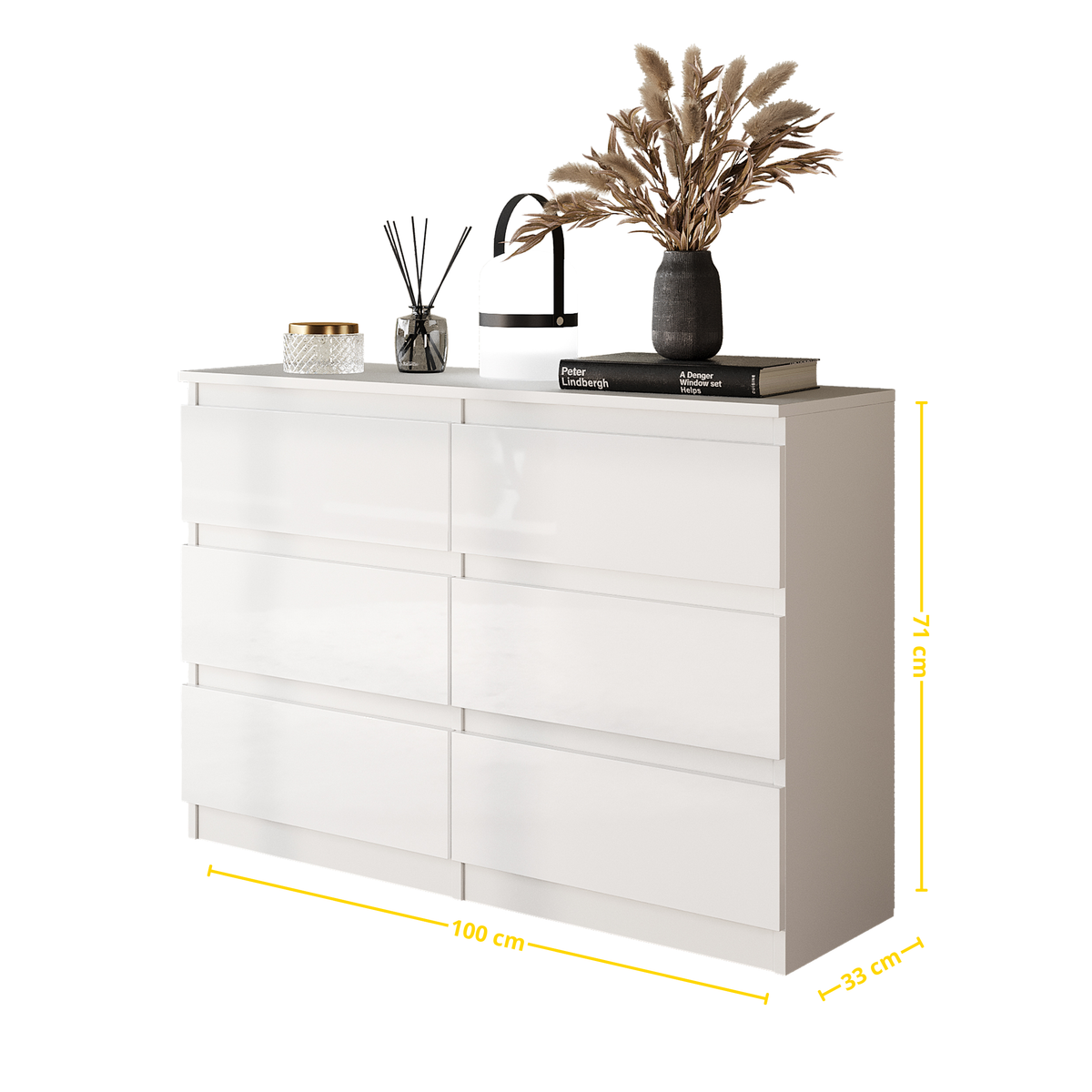 CORNELIS Ladekast 100 x 71 x 33 cm – Dressoir met 6 Lades, Mat Wit, MFC Opbergkast