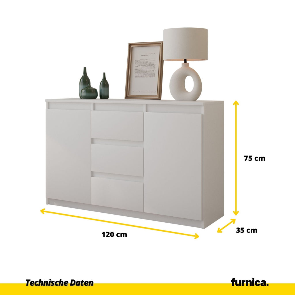 WALDO Dressoir 120 x 75 x 35 cm – Sideboard met 2 Deuren & 3 Laden, Mat Wit, Opbergkast