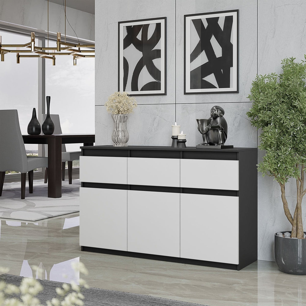 KAREL Dressoir 120 x 75 x 35 cm – Sideboard met 3 Deuren & 3 Laden, Antracietgrijs & Mat Wit, Opbergkast