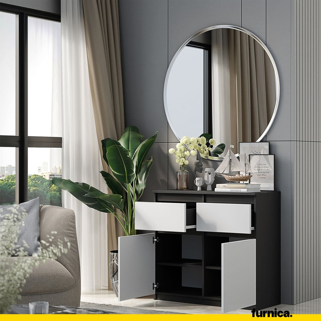 KAREL Dressoir 80 x 75 x 35 cm – Sideboard met 2 Deuren & 2 Laden, Antracietgrijs & Mat Wit, Opbergkast