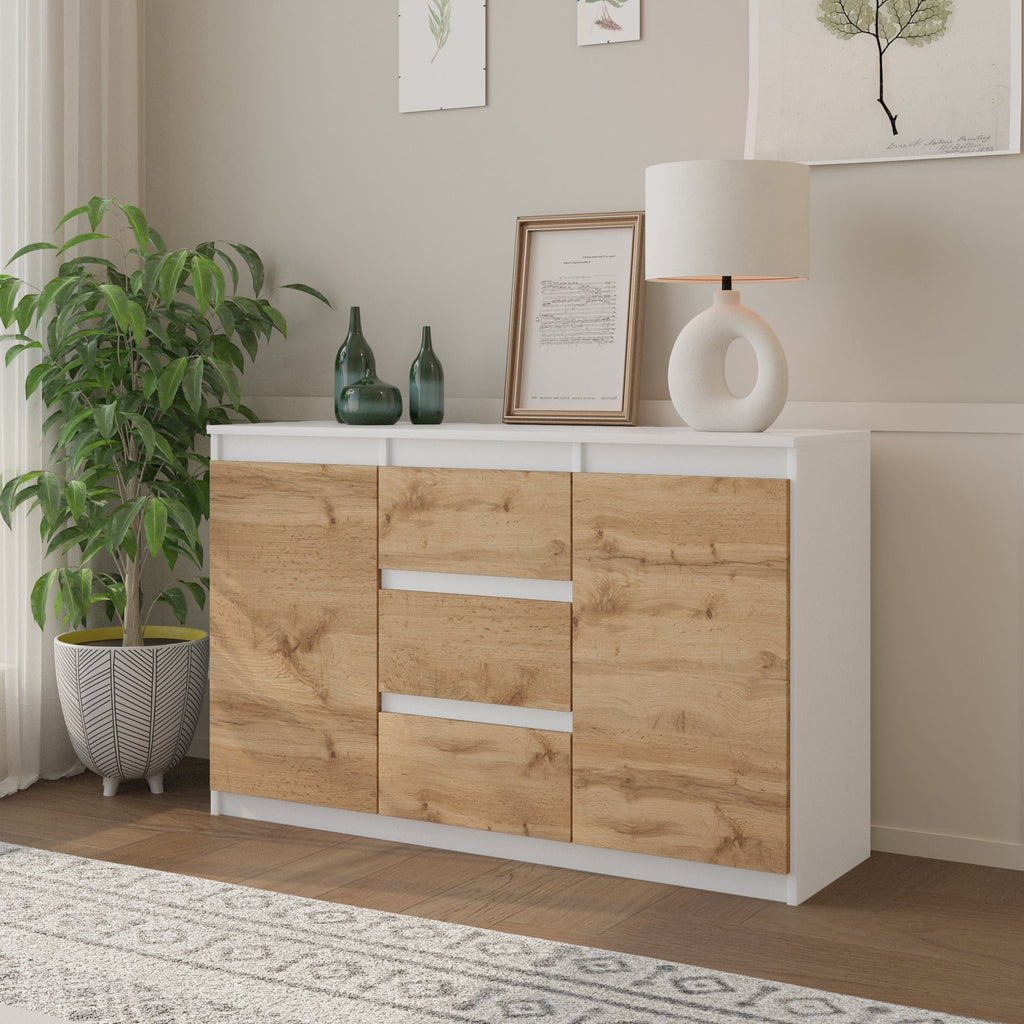 LUITZEN Dressoir 120 x 75 x 35 cm – Sideboard met 2 Deuren & 3 Laden, Mat Wit & Wotan Eiken, Opbergkast