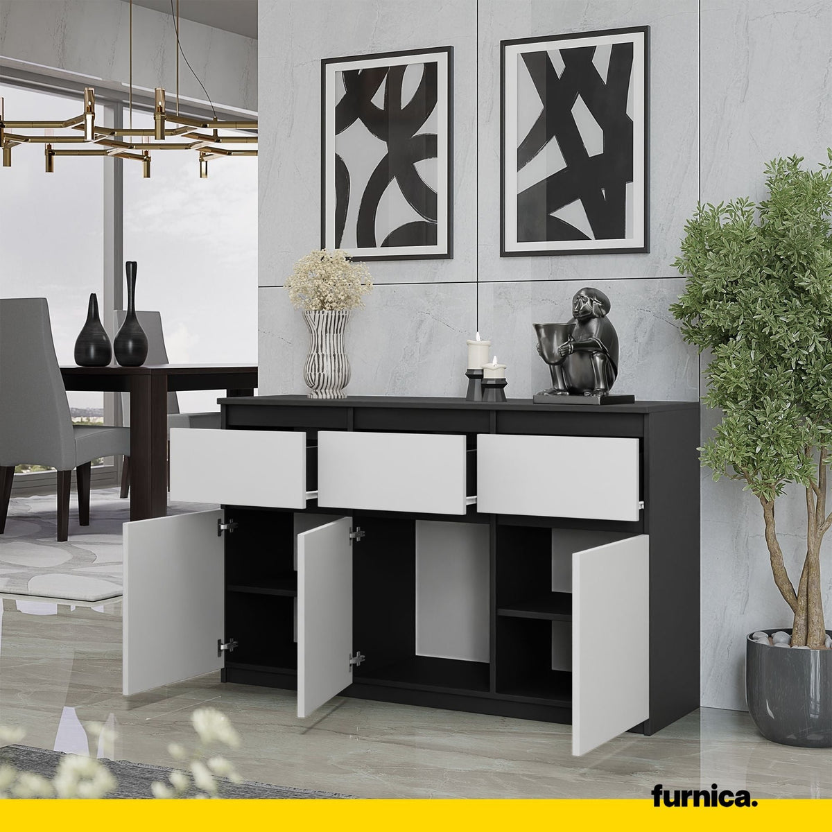 KAREL Dressoir 120 x 75 x 35 cm – Sideboard met 3 Deuren & 3 Laden, Antracietgrijs & Mat Wit, Opbergkast