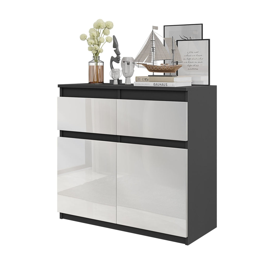 KAREL Dressoir 80 x 75 x 35 cm – Sideboard met 2 Deuren & 2 Laden, Antracietgrijs & Hoogglans Wit, Opbergkast