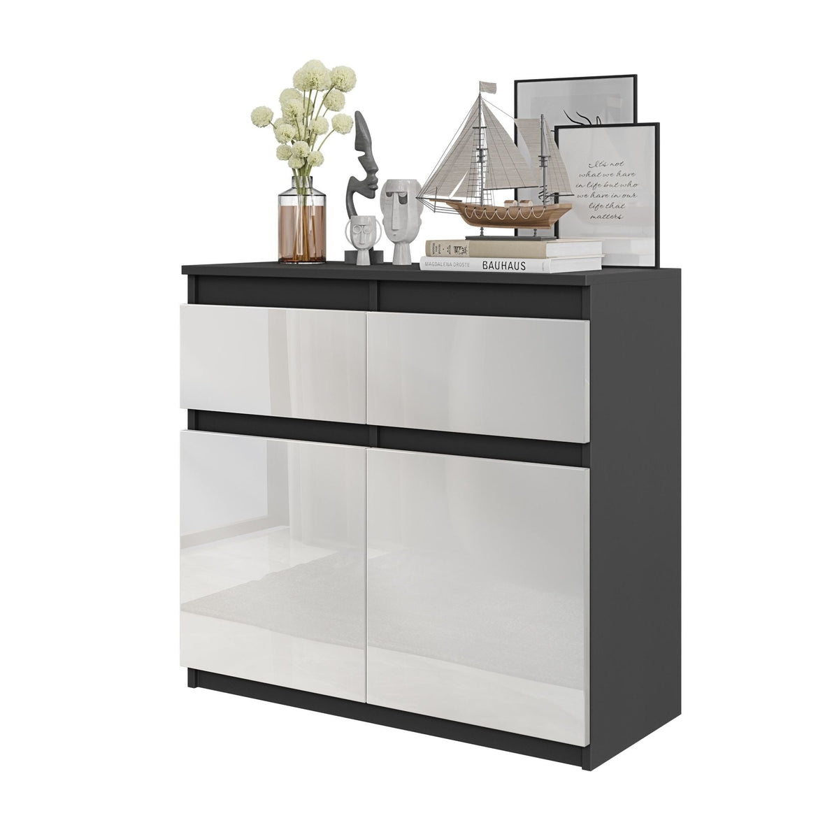 KAREL Dressoir 80 x 75 x 35 cm – Sideboard met 2 Deuren & 2 Laden, Antracietgrijs & Hoogglans Wit, Opbergkast