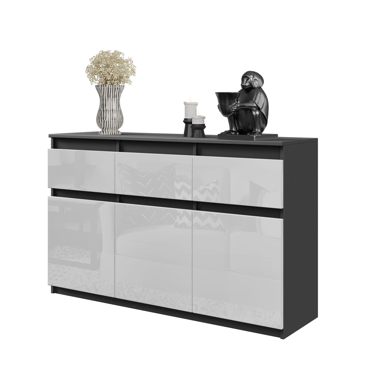 KAREL Dressoir 120 x 75 x 35 cm – Sideboard met 3 Deuren & 3 Laden, Antracietgrijs & Hoogglans Wit, Opbergkast