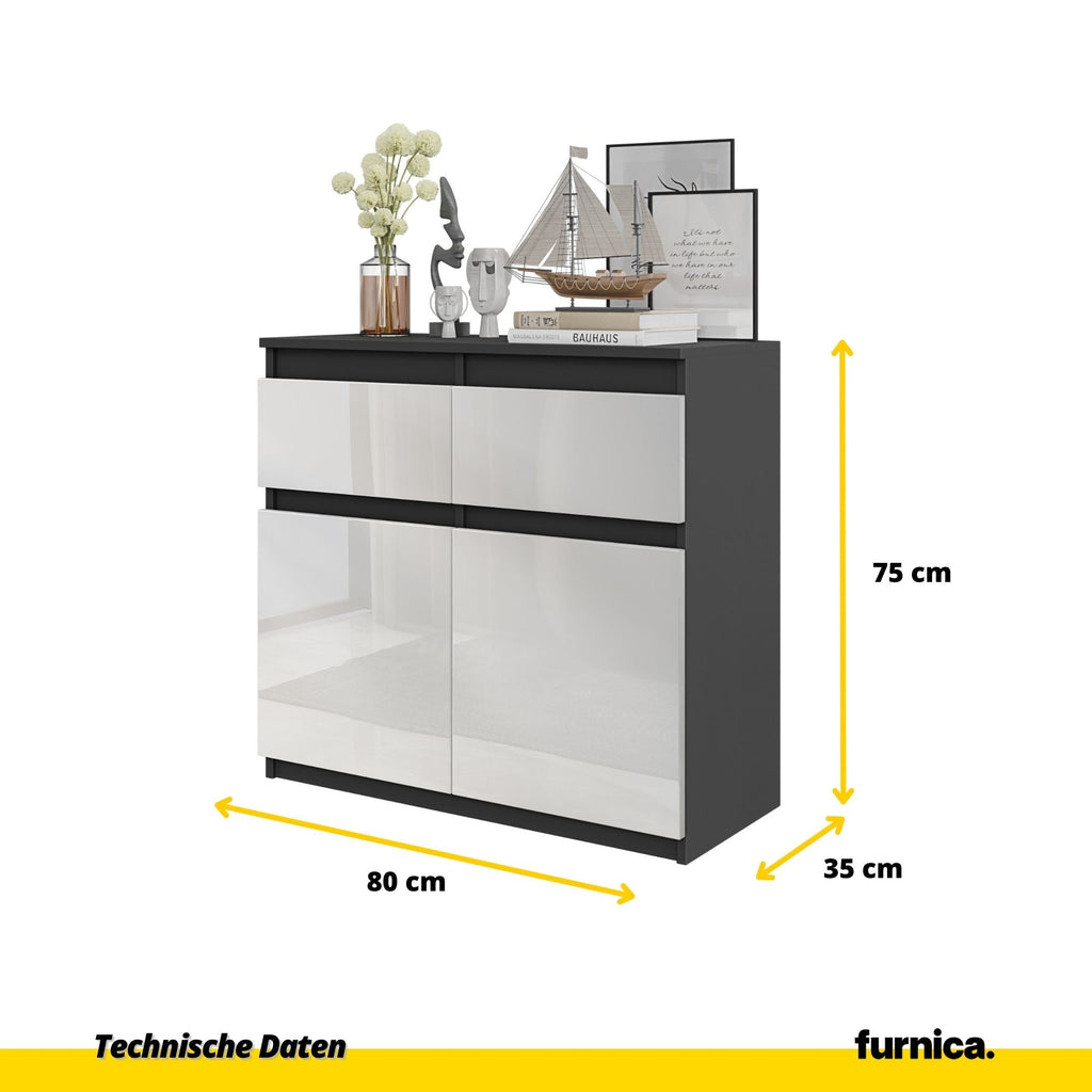 KAREL Dressoir 80 x 75 x 35 cm – Sideboard met 2 Deuren & 2 Laden, Antracietgrijs & Hoogglans Wit, Opbergkast