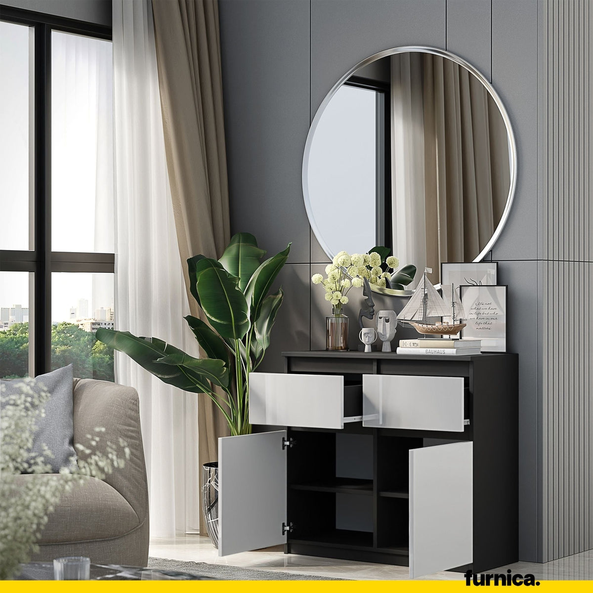 KAREL Dressoir 80 x 75 x 35 cm – Sideboard met 2 Deuren & 2 Laden, Antracietgrijs & Hoogglans Wit, Opbergkast