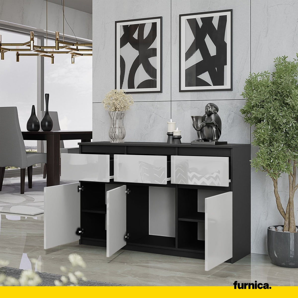 KAREL Dressoir 120 x 75 x 35 cm – Sideboard met 3 Deuren & 3 Laden, Antracietgrijs & Hoogglans Wit, Opbergkast