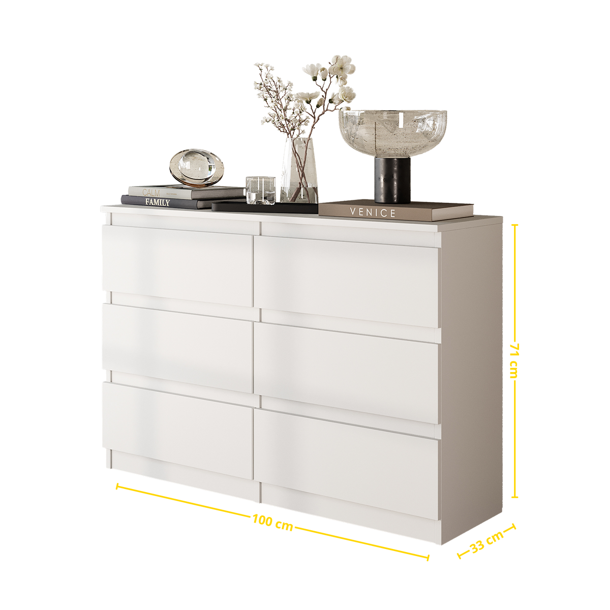 CORNELIS Ladekast 100 x 71 x 33 cm – Dressoir met 6 Lades, Mat Wit & Hoogglans Wit, MFC
