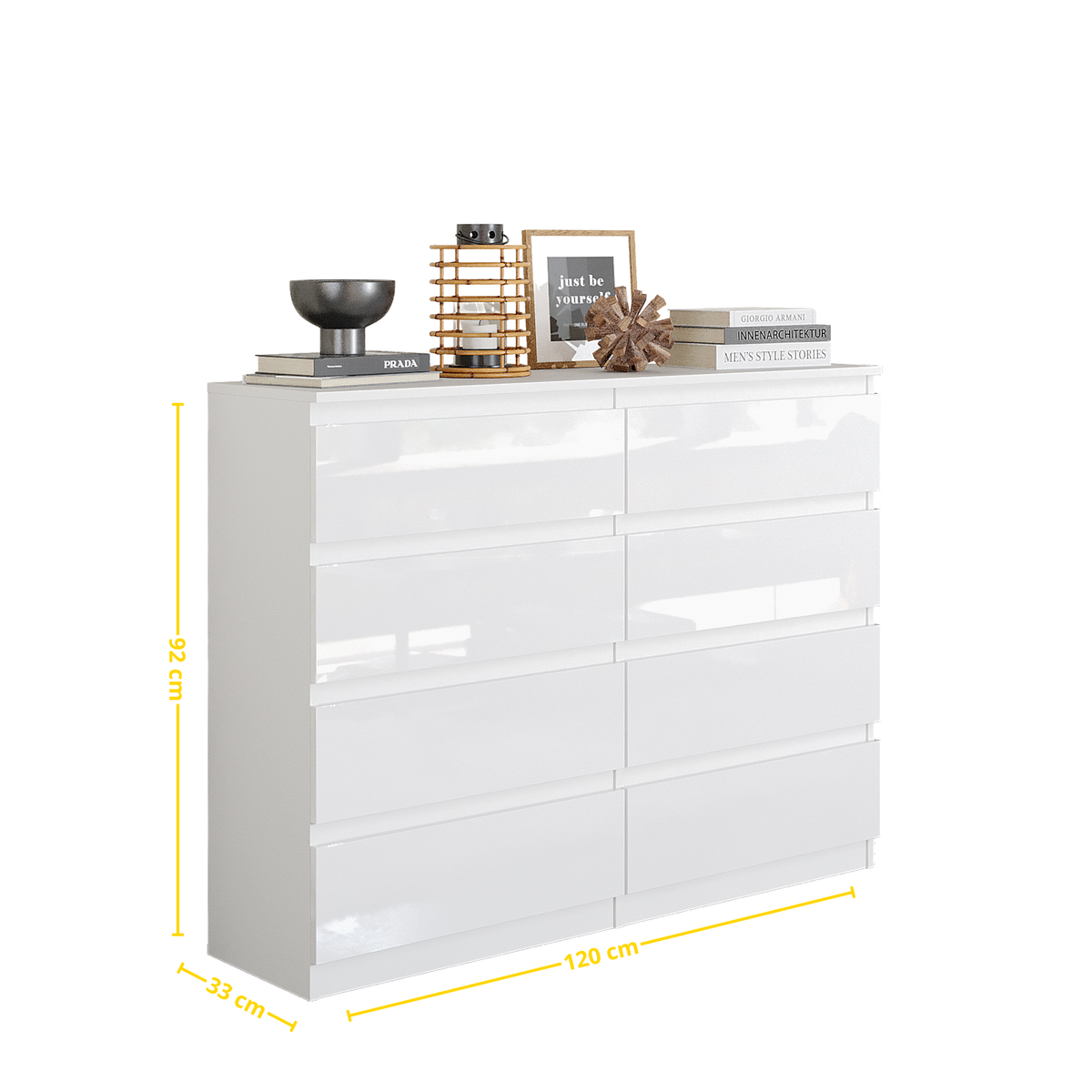 WILLEM Ladekast 120 x 92 x 33 cm – Dressoir met 8 Lades, Hoogglans Wit, MFC Opbergkast