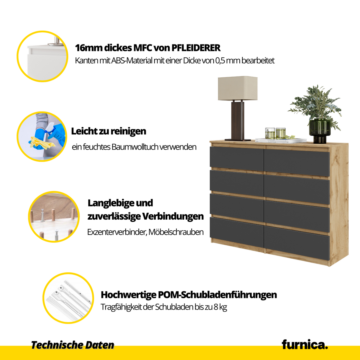 DANIEL Dressoir / Sideboard met 8 Laden – Wotan Eiken / Antraciet, MFC, H92 × B120 × D33 cm