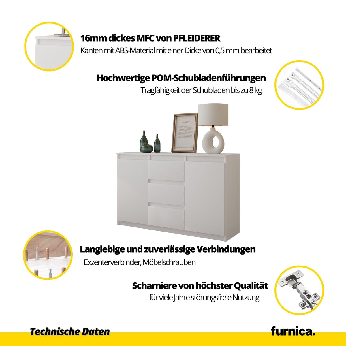 CONRAD Dressoir 120 x 75 x 35 cm – Sideboard met 2 Deuren & 3 Laden, Wotan Eiken & Hoogglans Wit, Opbergkast