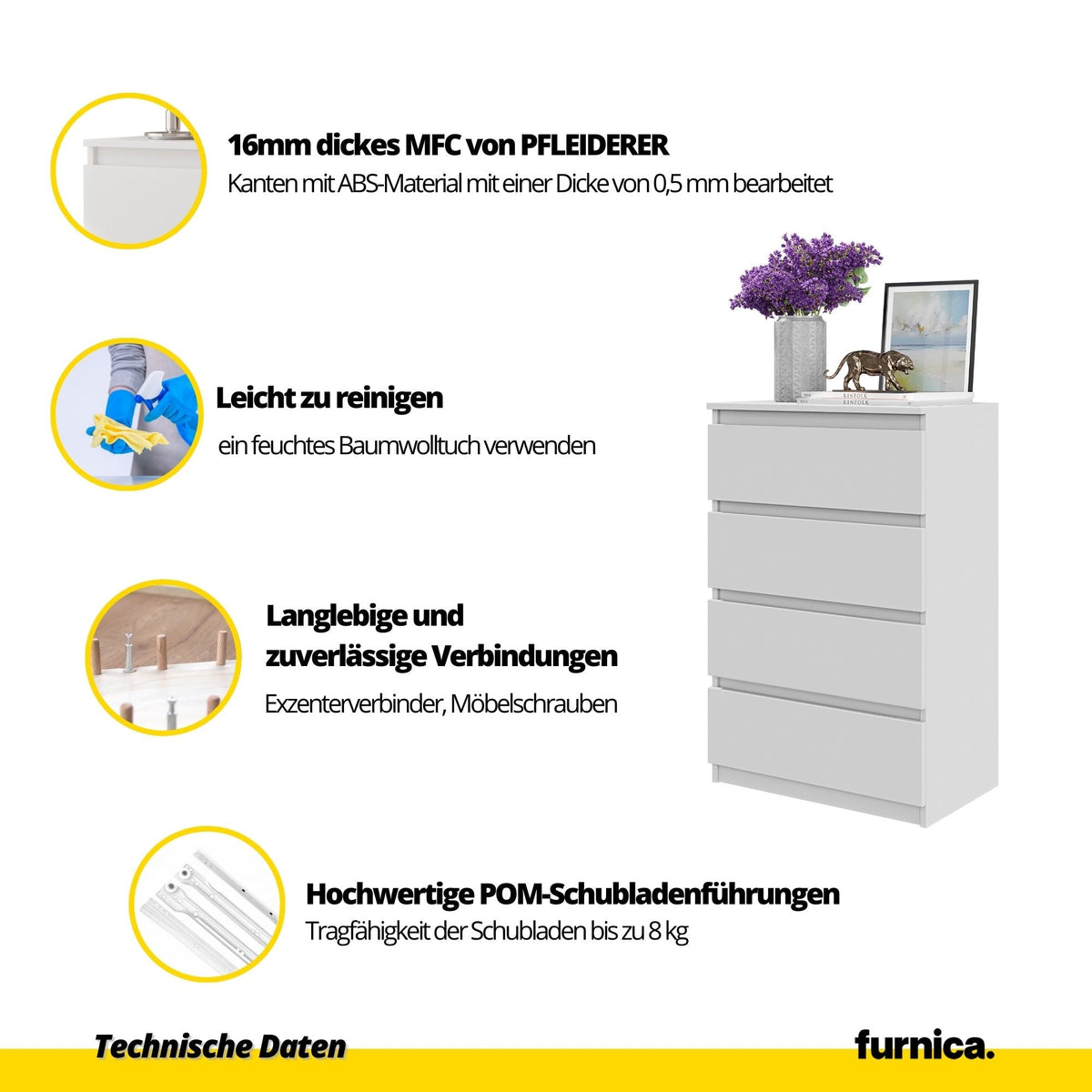 TOM Dressoir / Sideboard met 4 Laden – Wotan Eiken / Wit Hoogglans, MFC, H92 × B60 × D33 cm