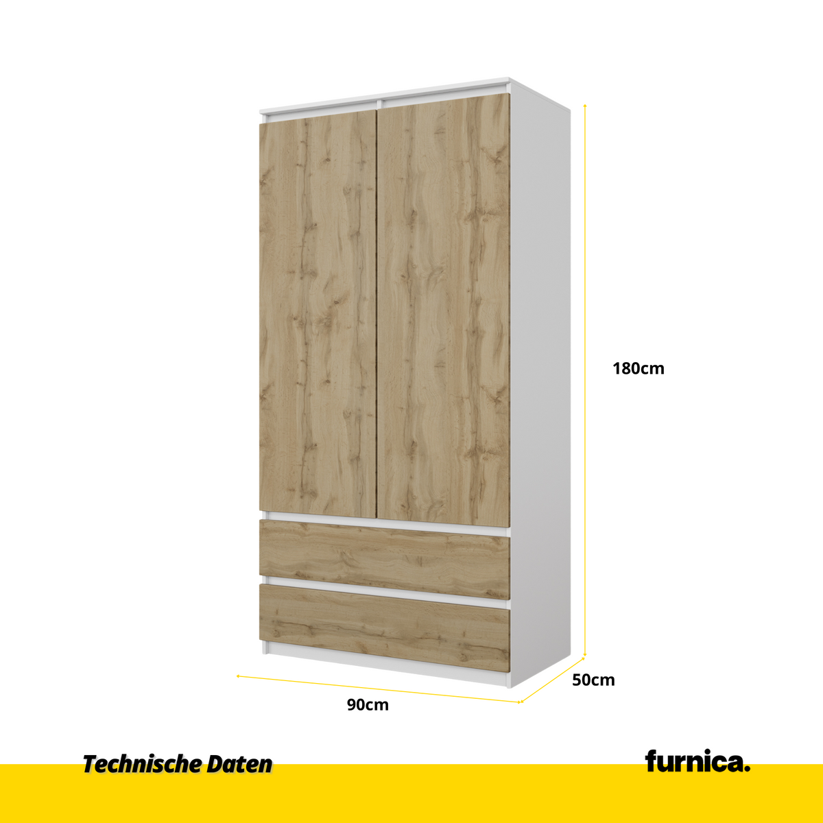 DIERK Kledingkast 90 x 180 x 50 cm – 2 Deuren & 2 Lades, Mat Wit & Wotan Eiken