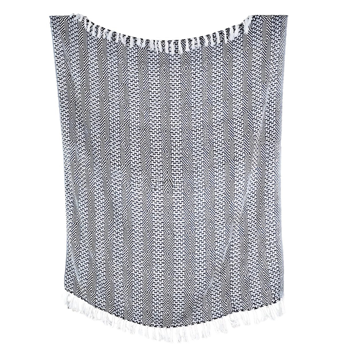 Black Plaid / Sofa Throw – Geometric Pattern with Fringes – 125x155 cm