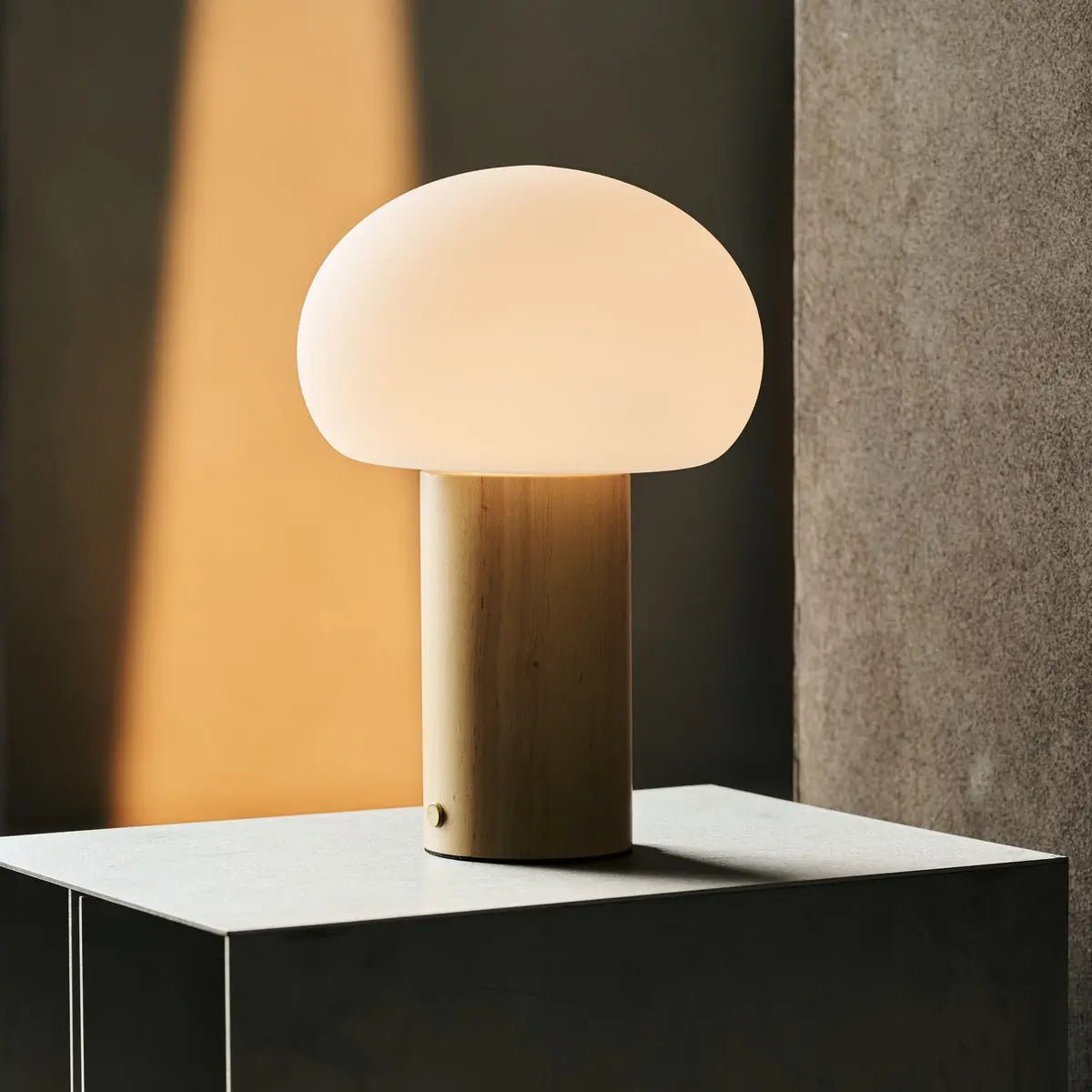 Sam Oplaadbare Tafellamp – Houten Designlamp met Matglazen Kap