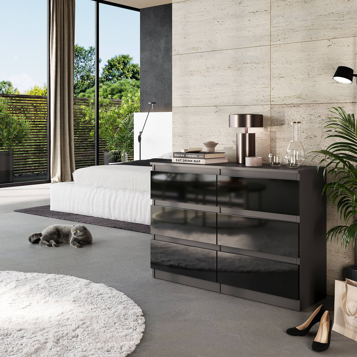 VINCENT Dressoir / Sideboard met 6 Laden – Antraciet / Zwart Hoogglans, MFC, H71 × B100 × D33 cm