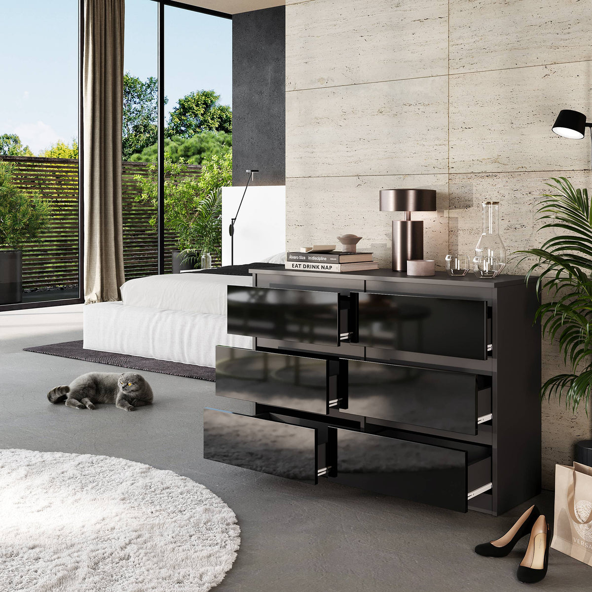 VINCENT Dressoir / Sideboard met 6 Laden – Antraciet / Zwart Hoogglans, MFC, H71 × B100 × D33 cm