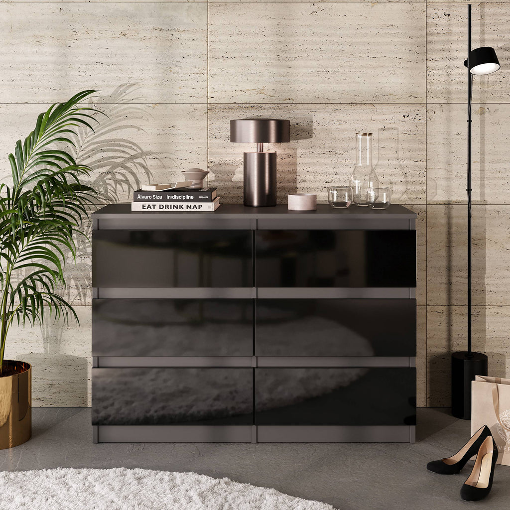 VINCENT Dressoir / Sideboard met 6 Laden – Antraciet / Zwart Hoogglans, MFC, H71 × B100 × D33 cm