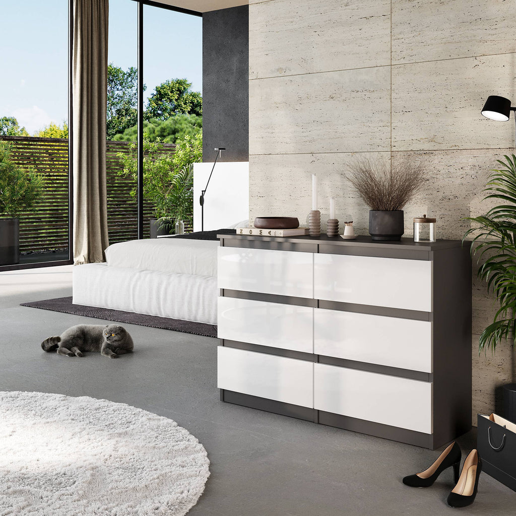 LEON Dressoir / Sideboard met 6 Laden – Antraciet/Wit Hoogglans, MFC, H71 × B100 × D33 cm
