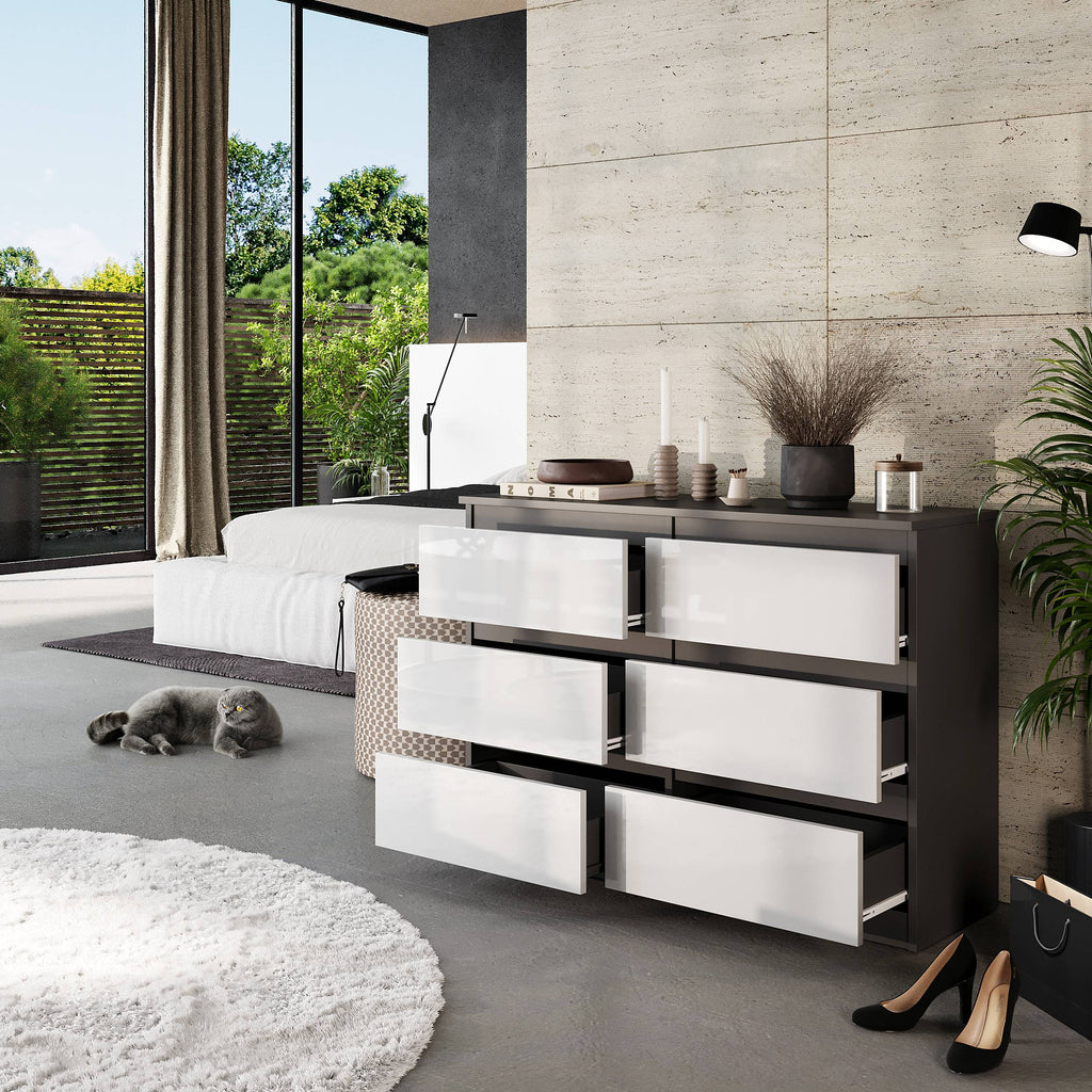LEON Dressoir / Sideboard met 6 Laden – Antraciet/Wit Hoogglans, MFC, H71 × B100 × D33 cm