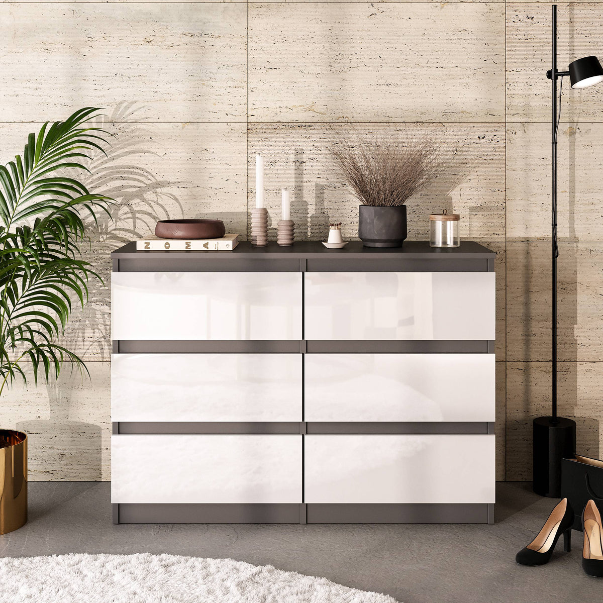 LEON Dressoir / Sideboard met 6 Laden – Antraciet/Wit Hoogglans, MFC, H71 × B100 × D33 cm