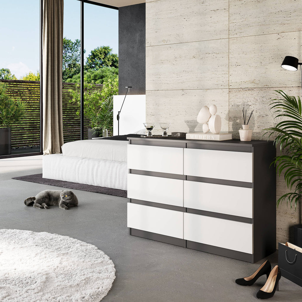 JOEL Dressoir / Sideboard met 6 Laden – Antraciet/Wit Mat, MFC, H71 × B100 × D33 cm