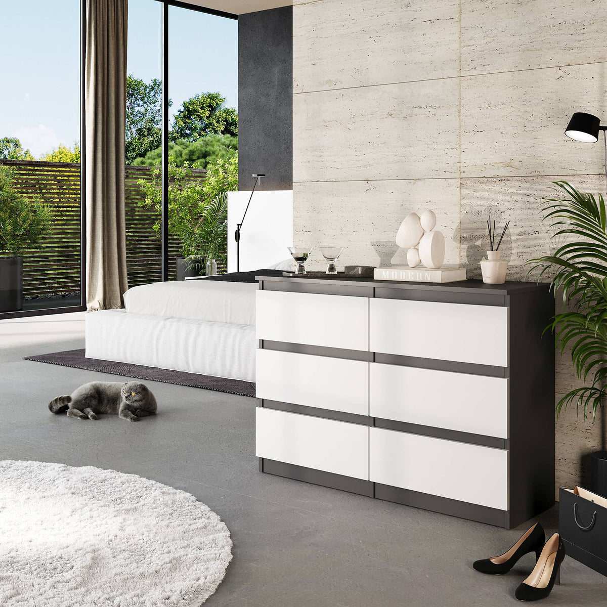 JOEL Dressoir / Sideboard met 6 Laden – Antraciet/Wit Mat, MFC, H71 × B100 × D33 cm