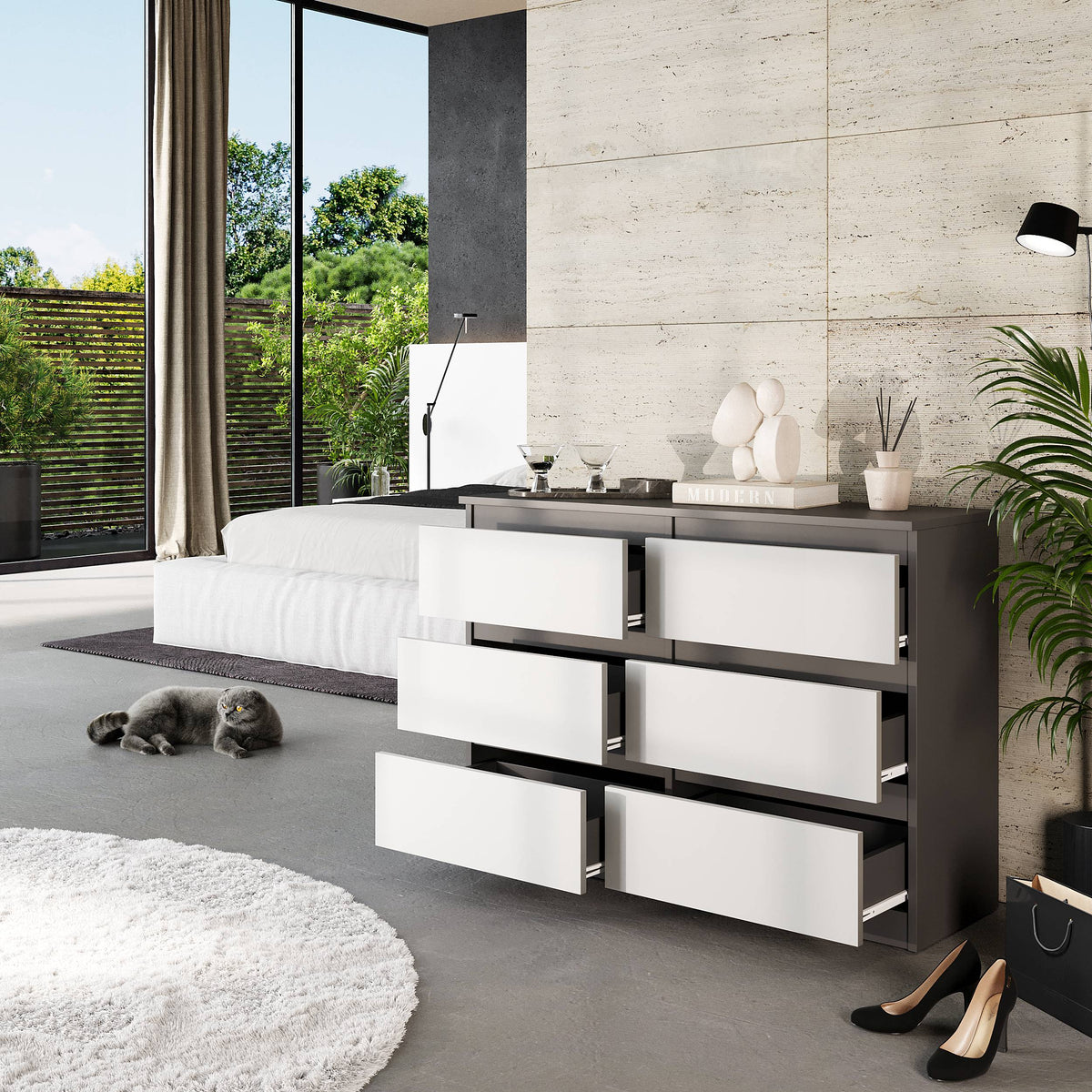 JOEL Dressoir / Sideboard met 6 Laden – Antraciet/Wit Mat, MFC, H71 × B100 × D33 cm