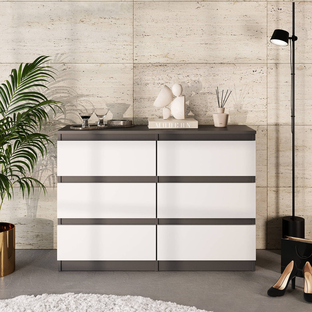 JOEL Dressoir / Sideboard met 6 Laden – Antraciet/Wit Mat, MFC, H71 × B100 × D33 cm