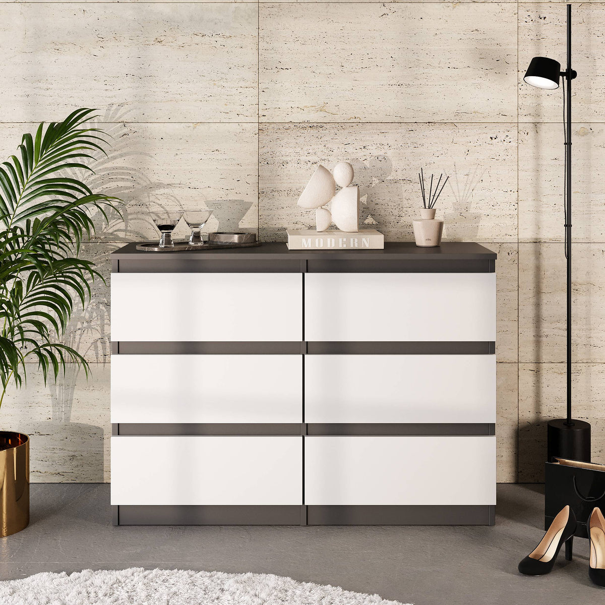 JOEL Dressoir / Sideboard met 6 Laden – Antraciet/Wit Mat, MFC, H71 × B100 × D33 cm
